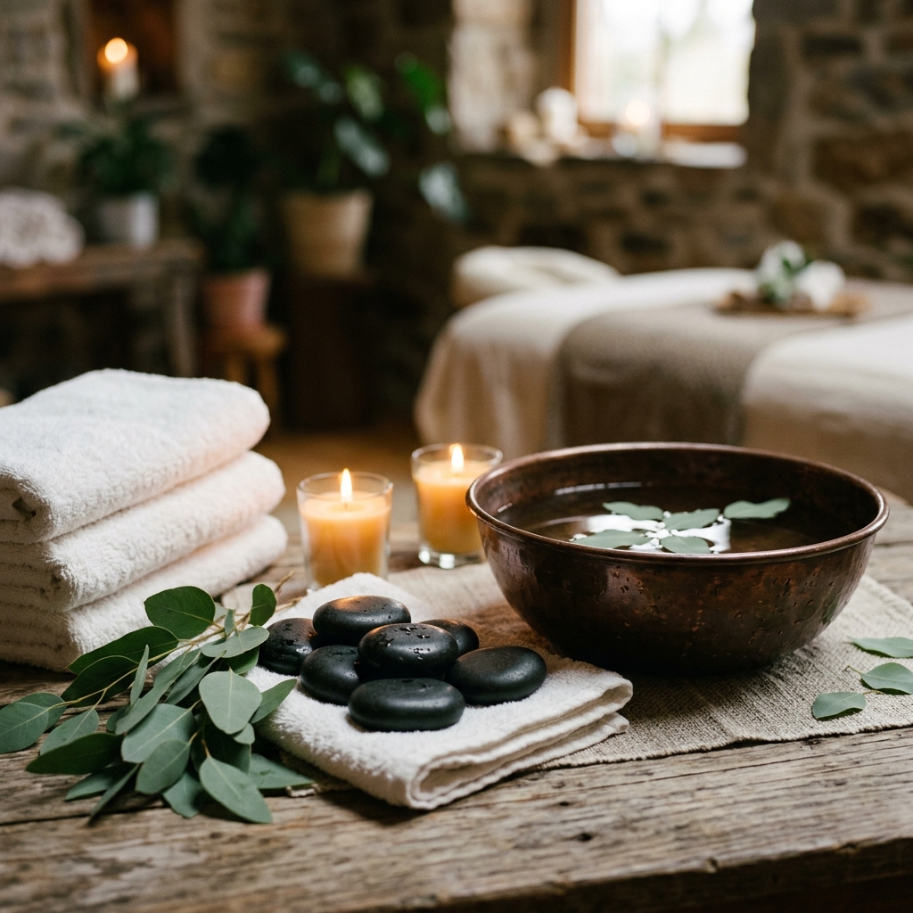 Peaceful organic spa environment showing hot stones, towels, water and eucalyptus