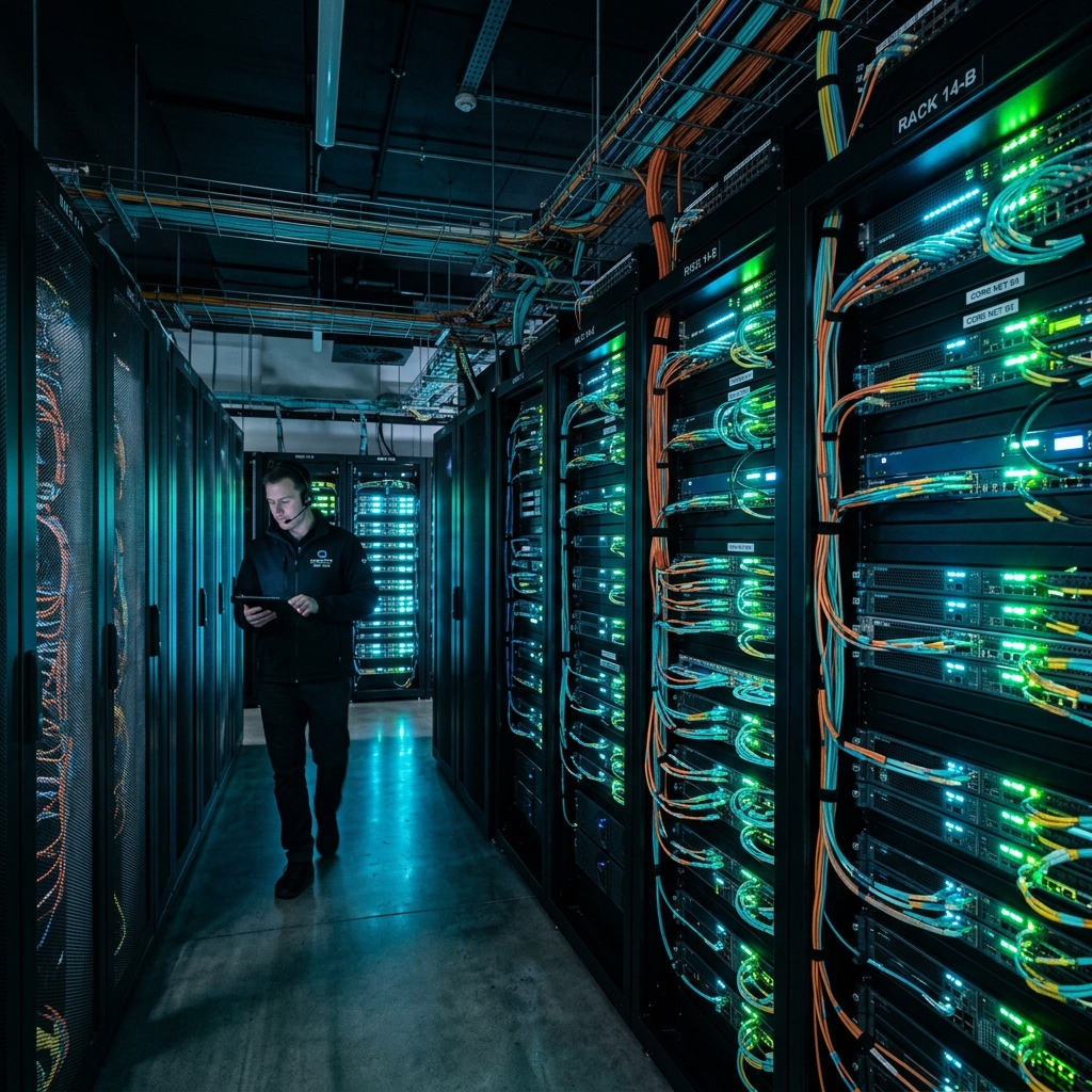 High-tech server room enclosures with glowing blue and green LEDs