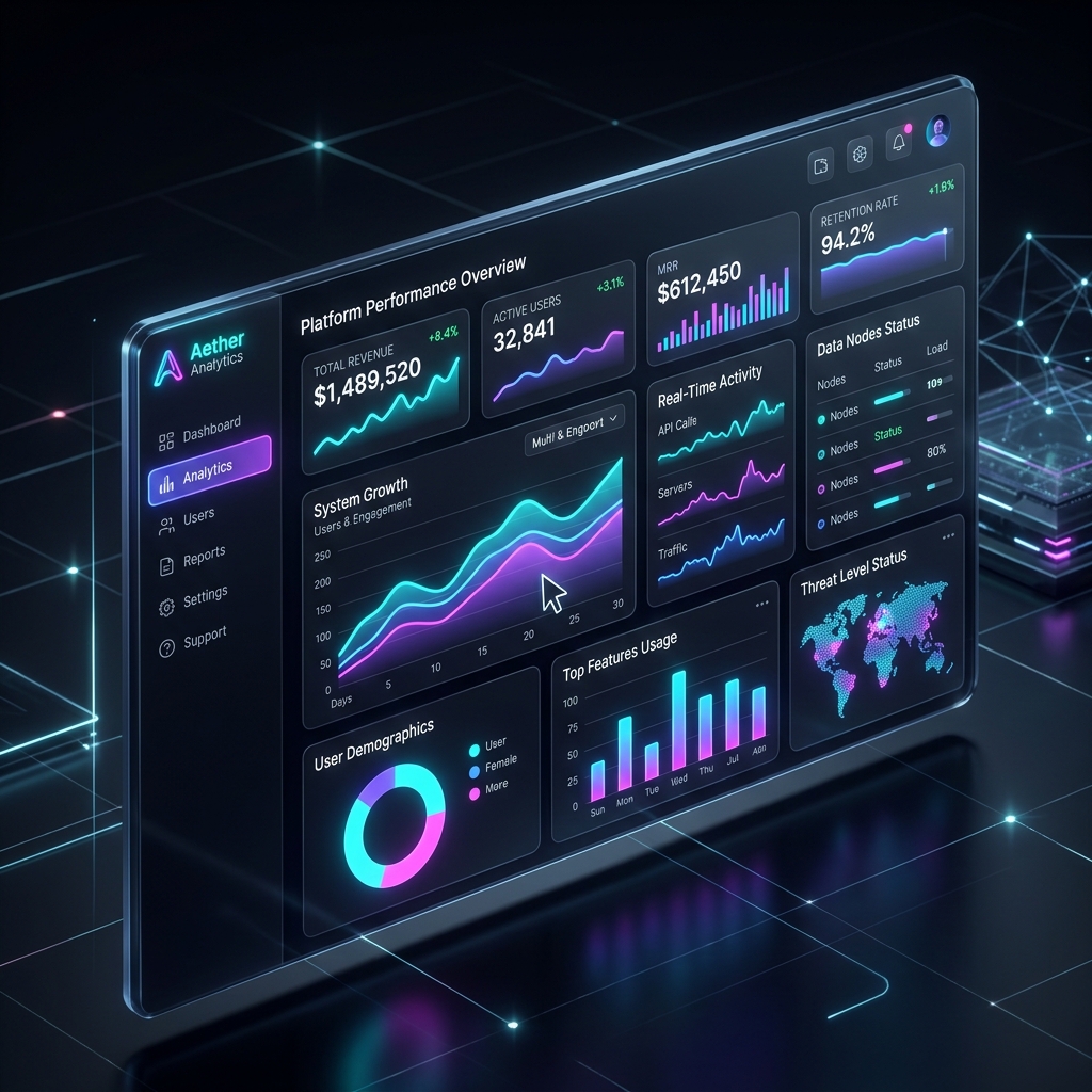 Futuristic SaaS UI Mockup containing analytics charts and dials