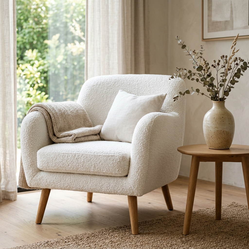 Modern minimalist white bouclé wool armchair